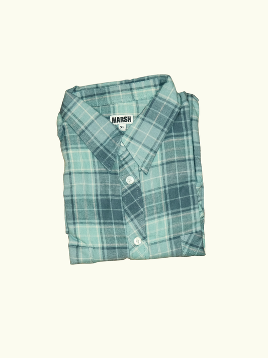 MARSH Flannel Work Shirt - Cotton, Green / Blue Check